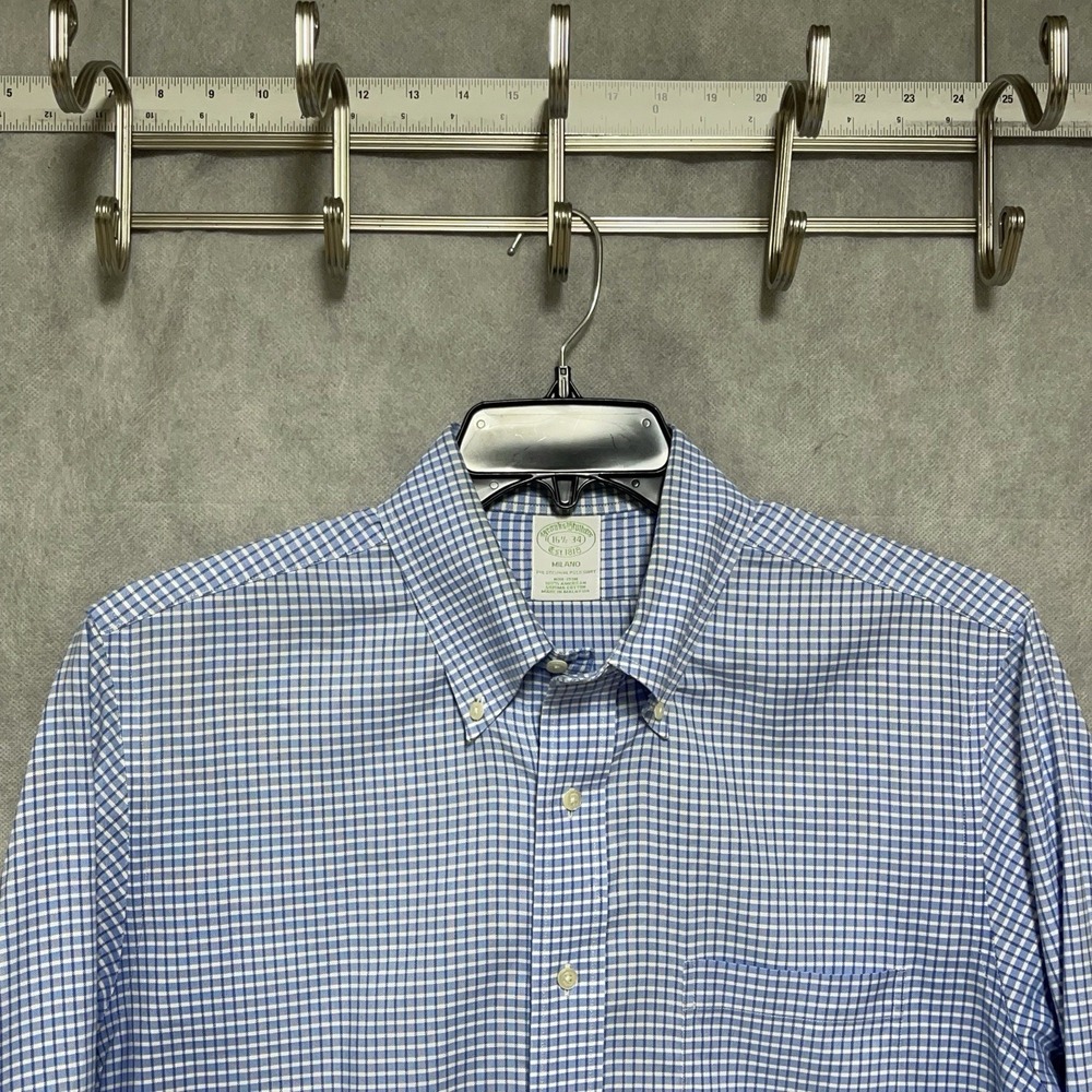 Brooks Brothers Shirt Men L Blue Check OCBD Milano Supima Button Up 16.5-34